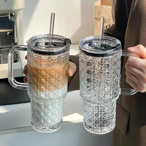 530ml/18oz Large Capacity Straw Cup with Lid, Fashionable INS Style Summer Iced Coffee Cup, Reusable Drinking Cup Suitable for Coffee, Tea, Whiskey, American Espresso and Latte, Great Gift Anniversary Gift, Glass