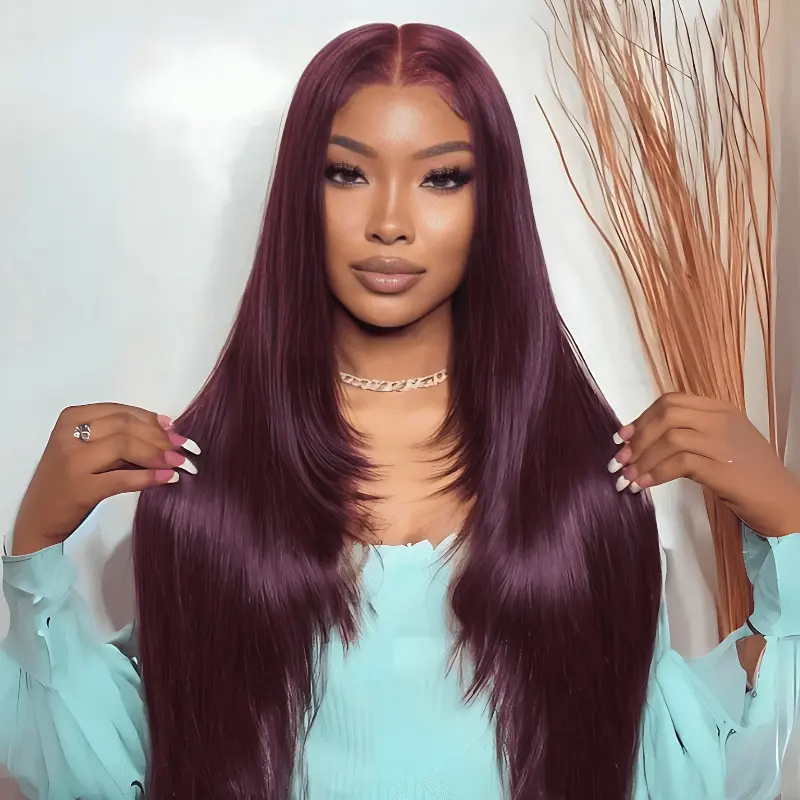 Women's Megalook No Glue Plum Silky Straight Human Hair Wig - 5x6 Pre-Cut HD Lace Area Wigs, Deep Part, Natural Line, Natural Looking Hair for Fashion
