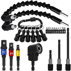 Flexible Drill Bit Extension Set, Hex Shank Bit Holder , 105?Right Angle Drill Attachmen, 3 count 1/4 3/8 1/2" Hex Socket Adapter, 3 count Drill Bit Holder Extension,  Bit Kit (Black)
