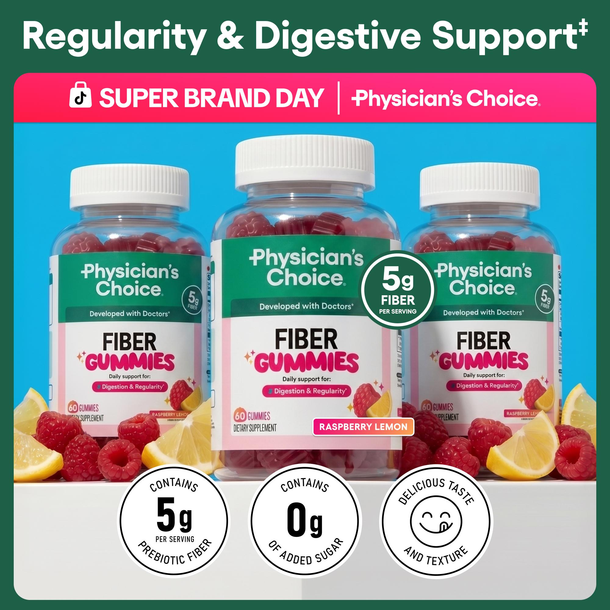 Physician’s Choice Fiber Gummies 3-Pack: Digestive Health & Regularity - Raspberry Lemon Flavor - No Sugar Added & Vegan - Daily Gummy for Adults