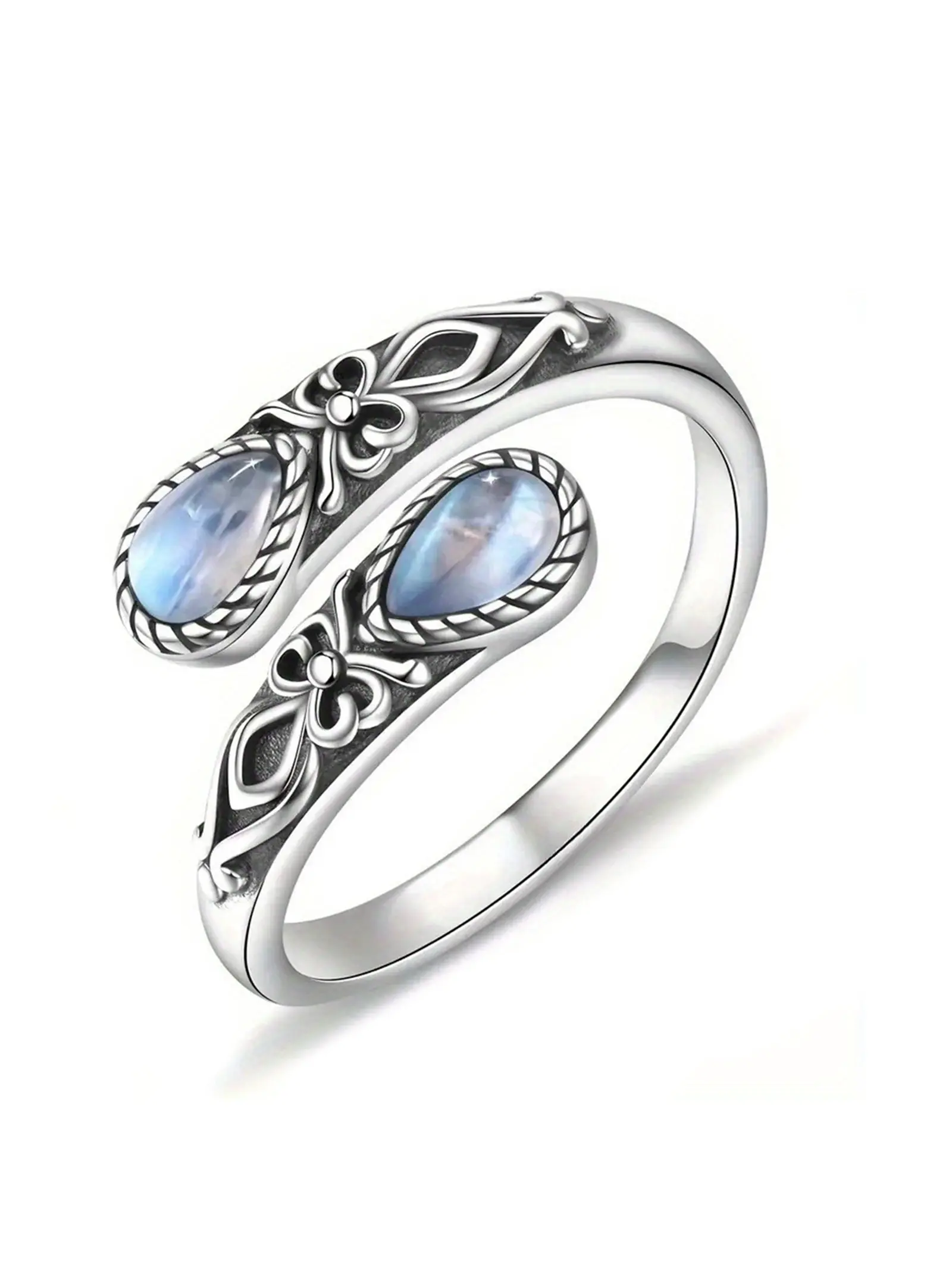 Vintage Moonstone Ring for Women, Blue Crystal Statement Ring, Boho Witchy Jewelry, Elegant Floral Open Design Ring, Unique Fashion Jewelry Gift for Birthday, Anniversary, Daily Wear and Special Occasions