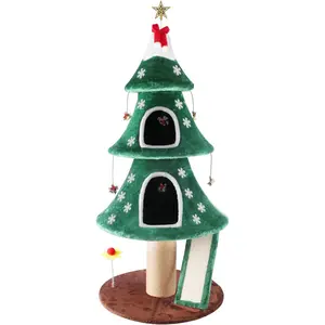#MemorialDaySale 53" Christmas Cat Tree - Festive Holiday Decor Particle Board Cat Tower with 2 Condos (Condo Holes), Sisal Scratching Posts, Climbing Post, Indoor Kitten Activity Center