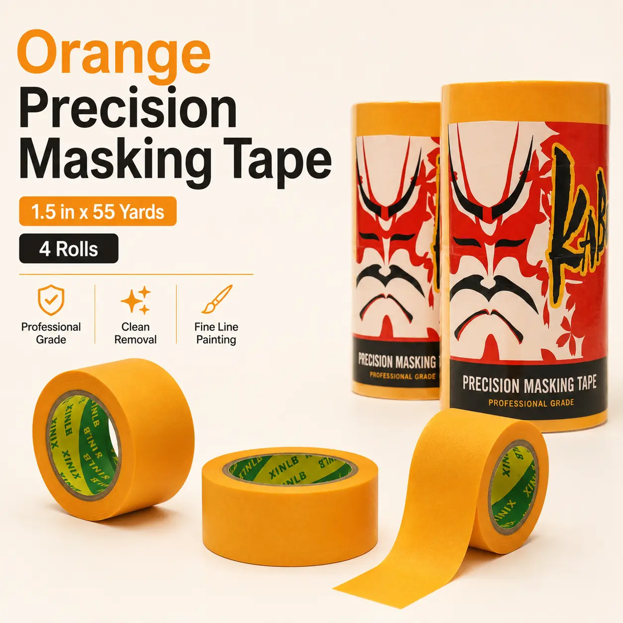 TOOLAZO Precision Painter’s Masking Tape (Precision Tape, 1.5x55yd), 4 Rolls for Painting Trim, Automotive Detailing, Wood Metal Glass Surfaces