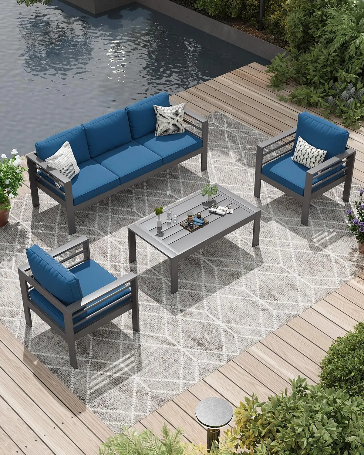 【2 packages arrived at different times】4-Piece Aluminum Outdoor Patio Furniture Set, 5-Seat Modern Metal Conversation Sectional Sofa with Coffee Table, All-Weather Outdoor Furniture for Patio, Backyard, Garden