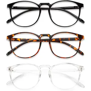 3 Pack Light Blocking Glasses for Women/Men,Retro Round Glasses for Anti Eye Strain/UV/Glare, Gaming Glasses. (Black/Crystal/Amber)