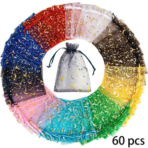 60 Pieces Moon Stars Drawstring Organza Bags Jewelry Gift Bags Pouches Gold Star Organza Favor Pouches for Christmas Wedding Party (Assorted Colors, 3.5 x 5 Inch)