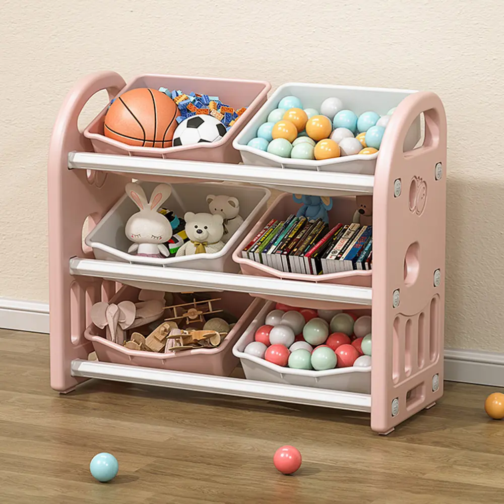 Kids Toy Storage Organizer, 3-Tier Shelves Multi-Functional Kids Storage Organizer with 6 Removable Bins Large Storage Capacity for Boys Girls Bedroom Playroom, Nursery (Pink)