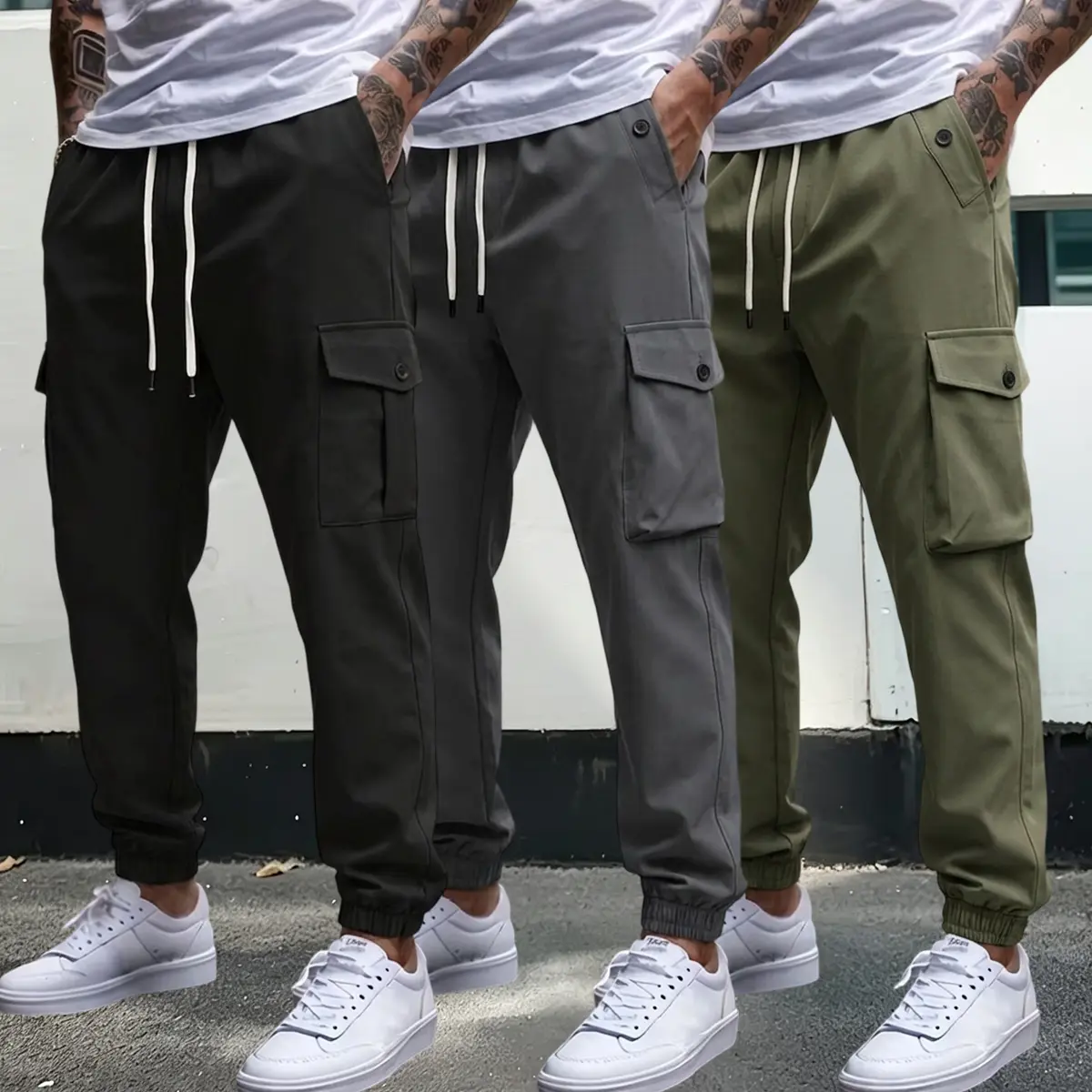 Men’s 3-Pack Loose-Fit Mid-Waist Casual Cargo Pants - Polyester, Waist Cincher, Multiple Pockets, Solid Color, Stylish, Comfortable, Durable, Machine Washable, Ideal for Outdoor Hiking, Training, Athletic, Cold Wash, Outdoors, Multifit Men's Pants, Drawst