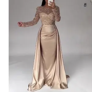 The 2025 cross-border French satin rose gold fishtail light luxury elegant style annual meeting host's dress with beaded long dress