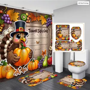 1/3/4PCS Thanksgiving style Turkey Pumpkin Fruits Shower Curtain Set with Rugs, Non Slip Bath Mat, U-Shape Carpet, Toilet Lid Cover, Polyester Fabric Bathtub Curtain Accessories, 12 Hooks, Home Bathroom Festival Decor