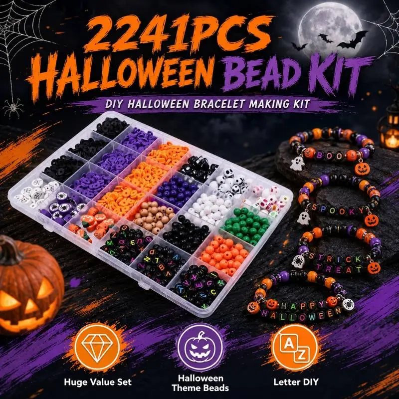 Halloween Jewelry Making Bead Kit – 1 Storage Boxes with Clay Beads, Black A–Z Letter Beads and Halloween Charms, DIY Bracelet & Jewelry Making Supplies