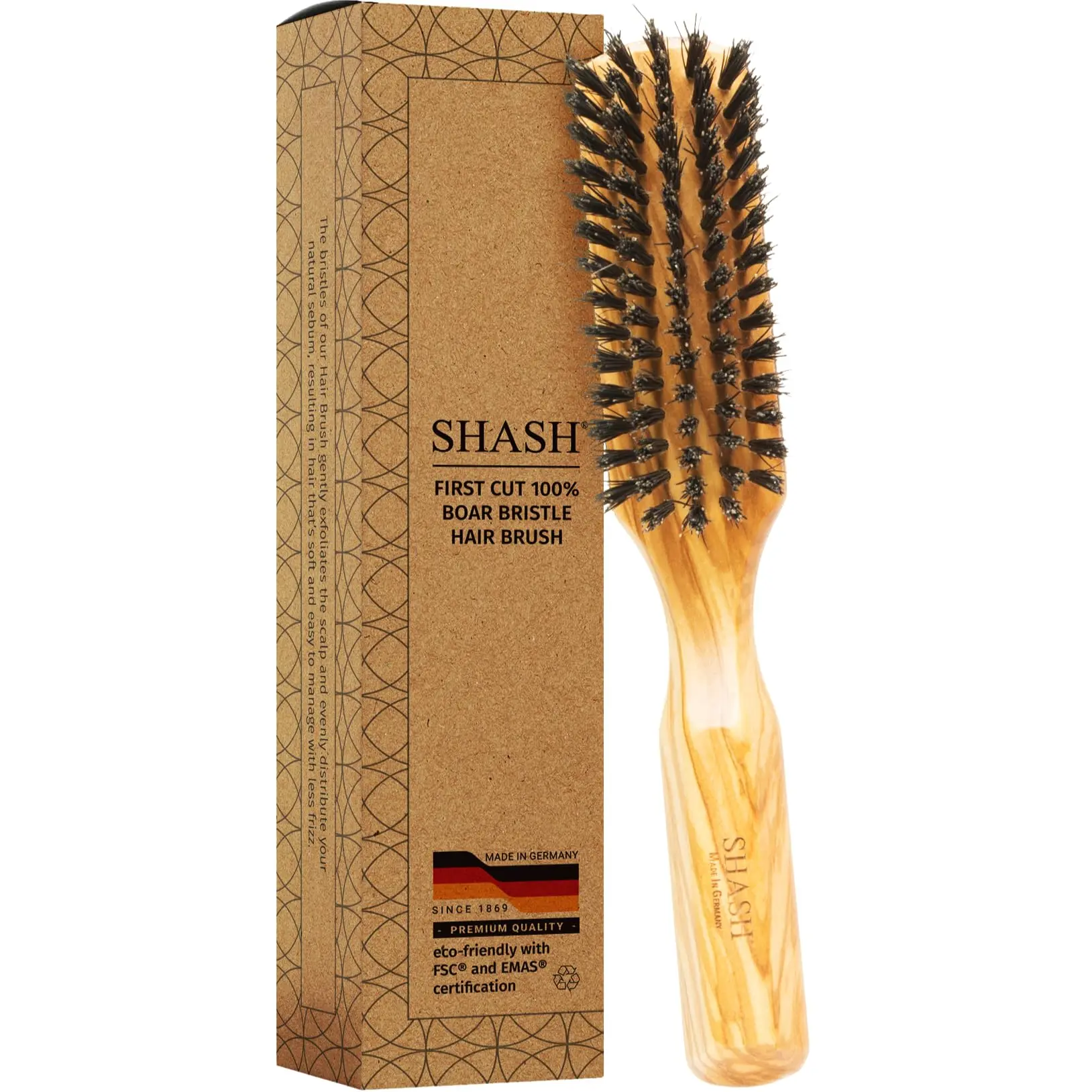 SHASH 100% First Cut Boar Bristle Hair Brush, Suitable For Thin To Normal Hair - Naturally Conditions Hair, Improves Texture, Exfoliates, Stimulates, Made in Germany