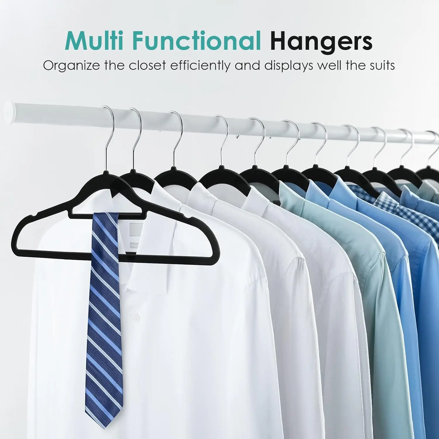 Non Slip Black Velvet Clothes Hangers, Heavy Duty Space Saving Garment Hanger with Shoulder Notches & Tie Bar, 360 Swivel Hook for Shirts Pants Dresses Closet Organizer