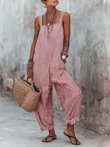 Women's Fashion Sexy Striped Jumpsuit, Sleeveless Comfortable Soft Fabric, Loose-Fit Beach Style, Casual Vacation