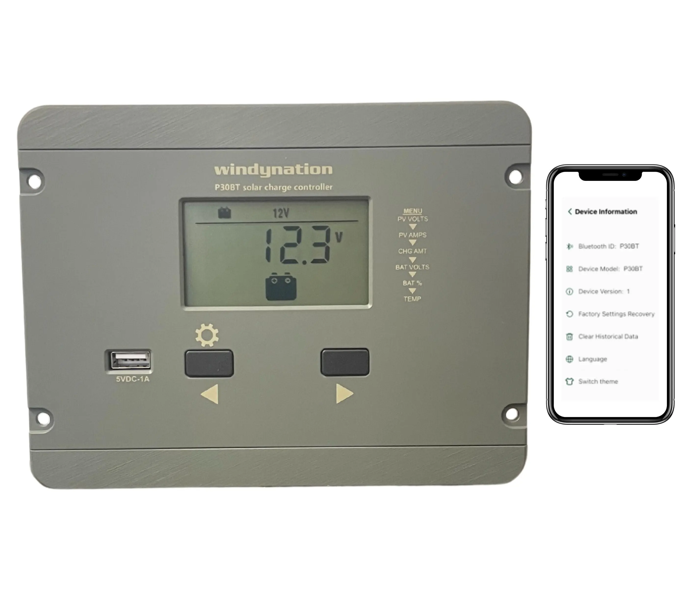 WindyNation 30-Amp Flush Mount LCD PWM Solar Charge Controller with Wireless Connectivity 12V/24V Auto Sensing Overload Protection & USB Charging Port, Backlit Lcd Solar Panel Sensor, Safety, Negative Ground Controller