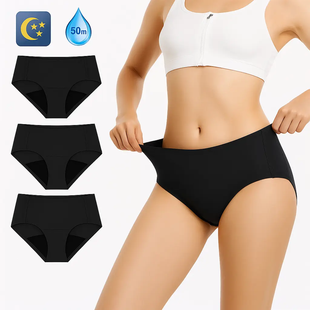 CARER 3-Pack Seamless Period Panties for Women, High-Waist Comfortable Nylon Fabric with Heavy Absorbency, Leak-Proof for Postpartum & Heavy Flow, Period Underwear, Breathable, Light, Elegant, Everyday, High-Capacity, Plain, Work