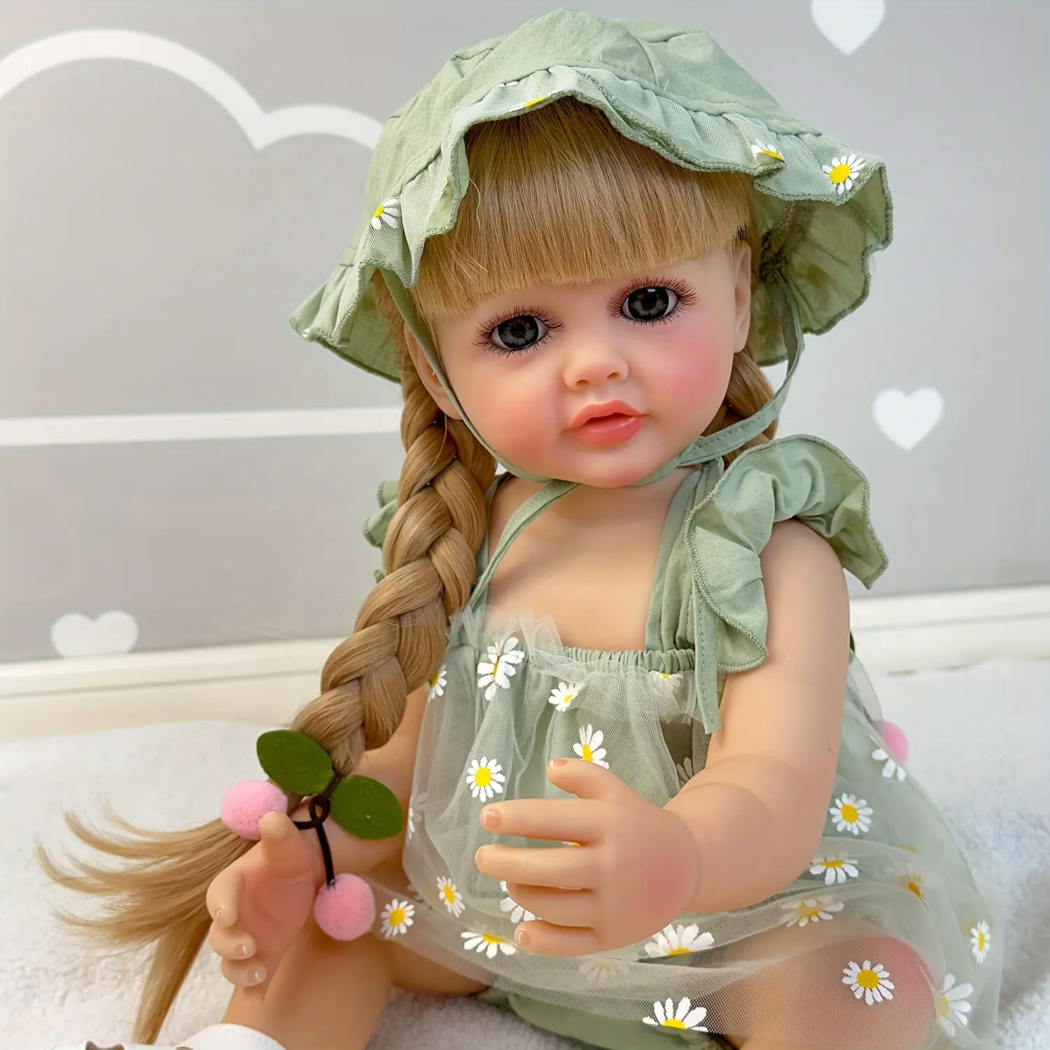 Unisex 22-Inch (55cm) Lifelike Reborn Princess Baby Doll - Princess & Flower, Clothing Set, Figure Styles, Full Vinyl Standable Waterproof Body, Daisy Dress & Green Bonnet, Ideal 3-4 Yr Old Kids' Birthday Gift, Art Bebe Doll, Princess And Flower Soft Doll