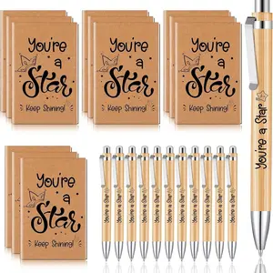 Natural Bamboo Retractable Pen Set Star Design Notebook Inspirational Slogan Notepad Keychain Combo Home Office Dormitory Decoration Souvenir Gift