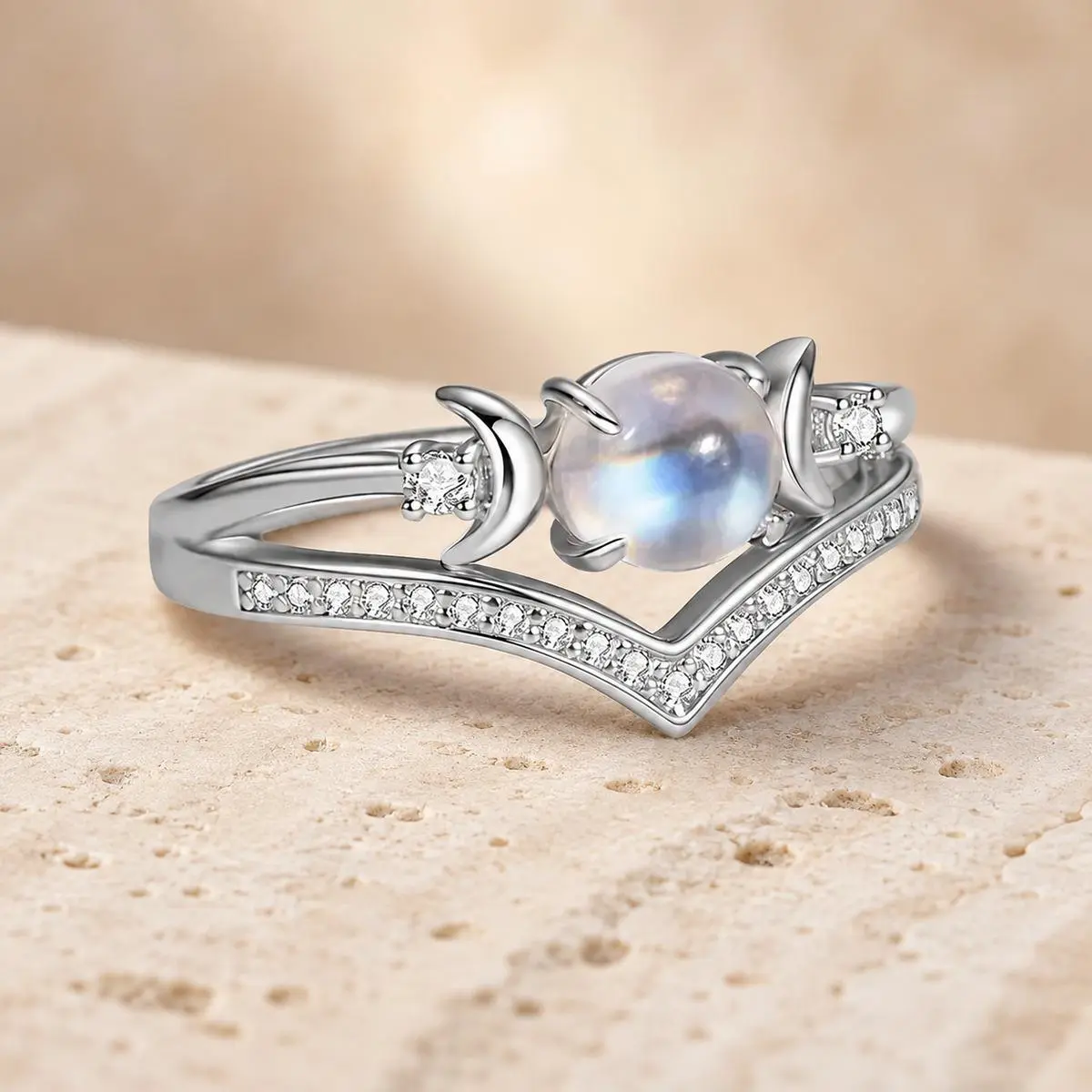 Women’s Triple Moon Natural Moonstone Ring Set, Silver-Tone Lead-Free Copper Stackable Band, Boho Celestial Jewelry, US Sizes 6–10