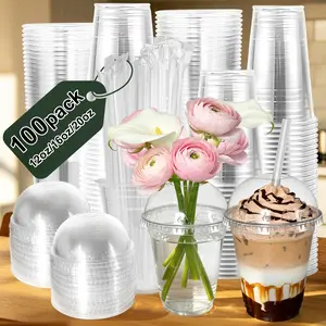 100 sets of 12oz/16oz/20oz disposable plastic lid coffee cups, take-away iced coffee cups, BPA-free transparent leak-proof dessert cups, suitable for juices, milk teas, smoothies, suitable for family gatherings, birthday parties, and outdoor picnics.