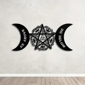 Metal Wall Art with Pentagram Design Classic Witchy Celestial Decor, Moon Phase Bedroom Sculpture, Easy to Hang Halloween Wall Art, Wall Decoration