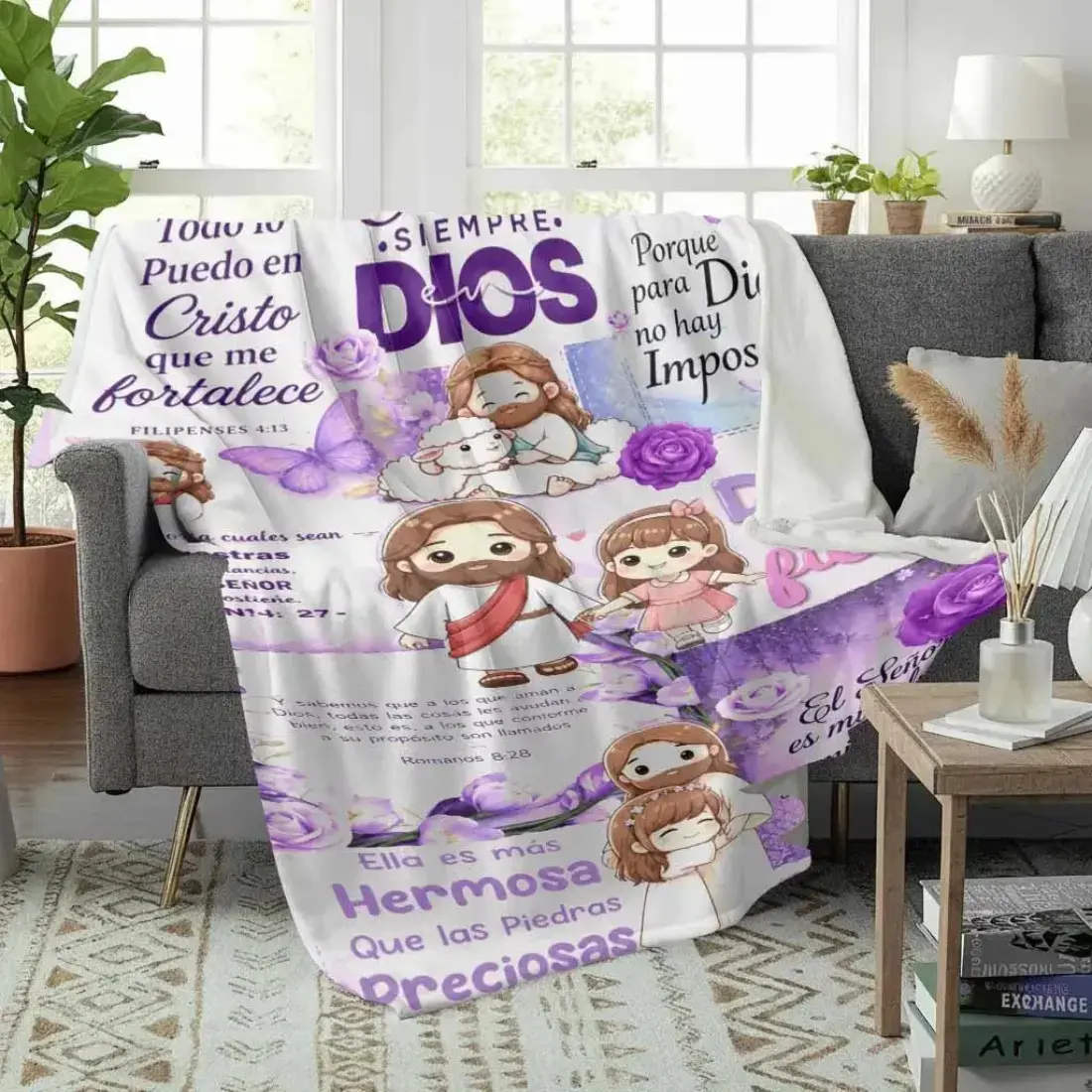 Traditional Polyester Spanish Inspirational Jesus Scripture Flannel Throw Blanket - Religious Faith Purple Rose Print, Soft Fabric Home Sofa Bedding Throw, Ideal Housewarming Gift For Christian Believers