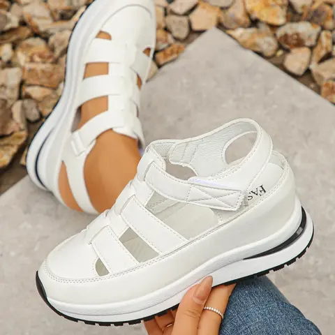 Women's Fashionable Plain Color Velcro Wedge, Casual Comfortable Soft Sole Sandals Wedges for Summer, Female All-match Round Toe Shoes for Daily Wear Footwear