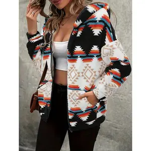 Women's ethnic pattern off shoulder zipper plush jacket, autumn and winter casual long sleeved hooded jacket, women's daily clothingRAIMENTRY