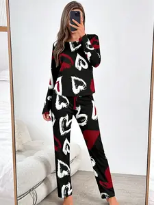 Women's Long Sleeve Pajama Set, Loungewear, Milk Silk Fabric, Heart Pattern, Loose-Fit, Bohemian Style, All Seasons, Ideal Gift for Her