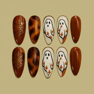 Handmade Spooky Ghost Press On Nails, 3D Nail Art, Almond Shape Fall Autumn Nails, Hand-Painted Spiderweb Tortoise Shell Design, Halloween Party Fake Nails, Reusable Glue On Kit for Women