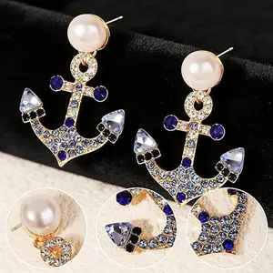 Anchor Earrings for Women Blue Rhinestone Dangle Earrings Nautical Symbol Anchor Drop Earrings Nautical Jewelry for Women Fashion Yacht Rock Party Accessories