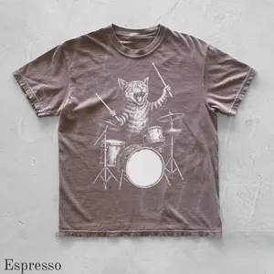 Vintage Cat Playing Drums Shirt, Retro Animal Playing Instrument Shirt, Music 90s Shirt, Drums Gifts, Cat Funny Unisex Tee