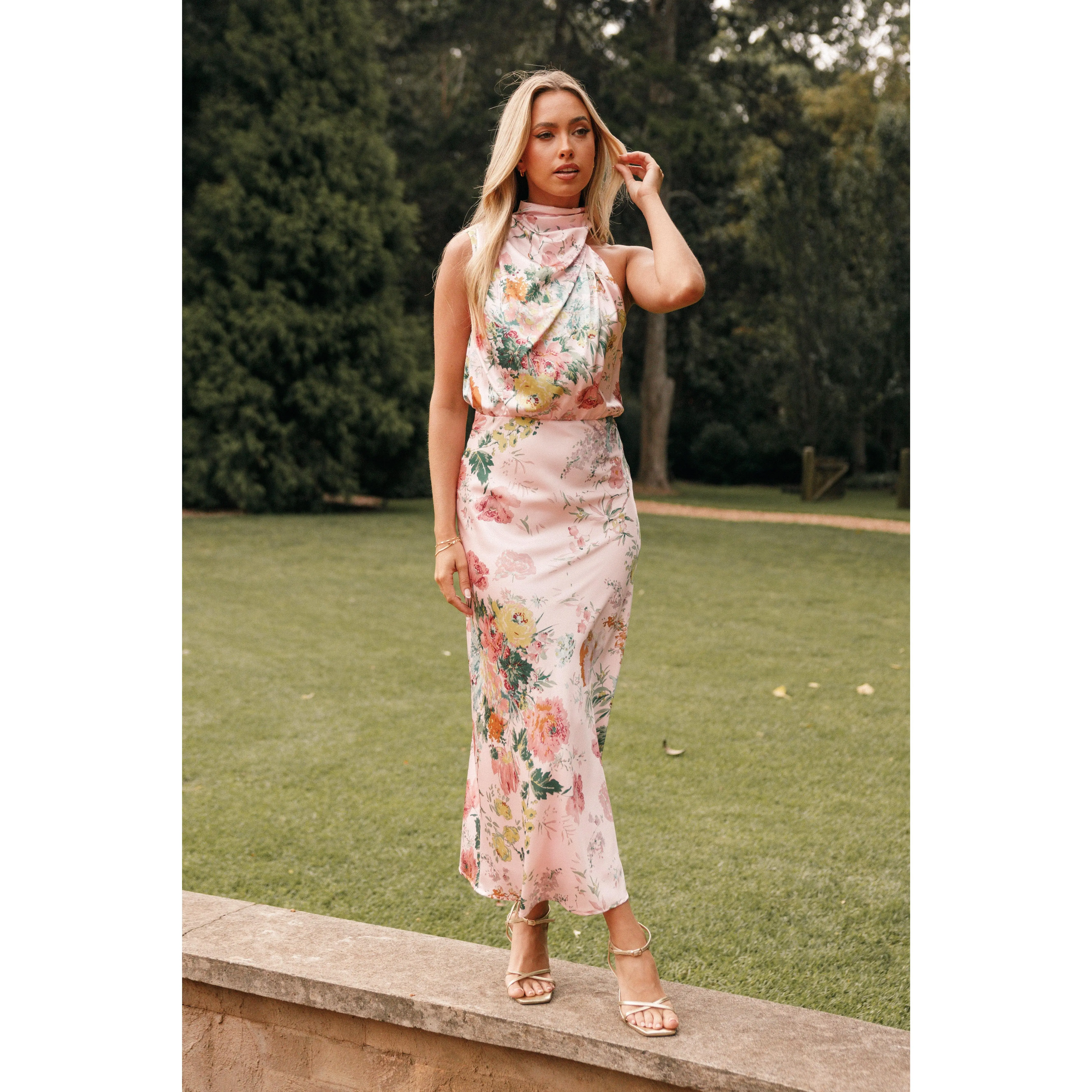 anabelle halter neck midi dress pink floral Anabelle Floral Halter Neck Satin Midi Dress (Women)