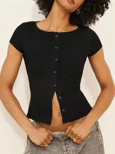 1 Piece Button Front Ribbed Knit Cap Sleeve Top, Minimalist Elegant Casual Wear