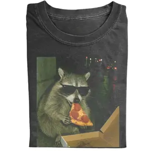 Funny Raccoon Eating Pizza Graphic Tee, Cool Animal Print T-shirt, Retro Streetwear, Vintage Style, Gift for Men, Gift for Women