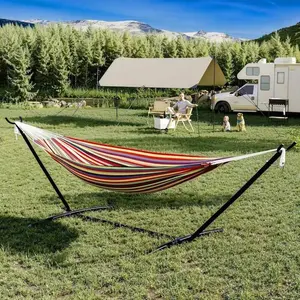 2-Person Woven Cotton Hammock with Stand, Easy Assembly, Supports up to 660 lbs, includes travel bag for camping—suitable for outdoor/indoor patios and backyards