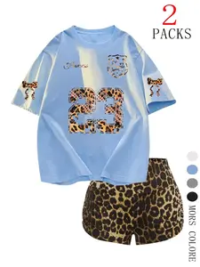 Women's Cherries Print Short Sleeve T-shirt & Leopard Print Shorts Two-piece Set, Casual Round Neck Tee & Skinny Shorts, Ladies Clothes for Daily Wear, Suits, Womenswear