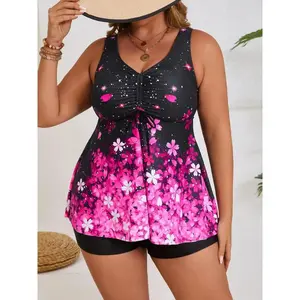 FSTVE Curve-Friendly Stretch Design for All-Day Wear Plus Size Swimsuit Pink Floral Top & Black Shorts for Pool Trips Plus Size Bathing Suit 1XL 2XL 3XL 4XL tankini-Elasticity Underwire casual round neck swim top Trendy Scallop
