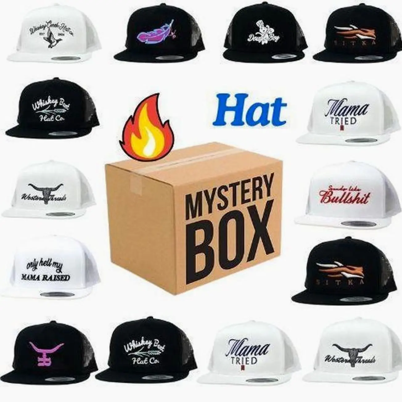 1 Hats Mystery Box Random Sent Snapback Sitka, Mama Tried Happy, Whiskey Creek, Feathered Outlaw, Dough Boy, Standin On Business Trucker Hat Gift