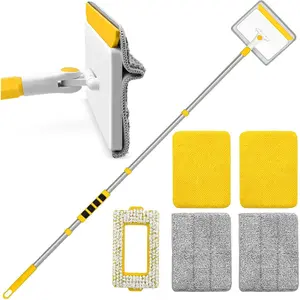 Baseboard Cleaner Tool with Handle, 56 inches Base Boards Cleaning Mop Scrubber, 1 Stiff Bristles Brush, 2 Chenille and 2 Microfiber Pads, Wall Duster for Floorboard Ceiling Window (Yellow)