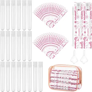 64 Pcs Tampon Flasks Set Includes 20 Reusable Plastic Flasks, 40 Self Adhesive Wrappers, 2 Funnels, Clear Storage Bag, Clean Brush, Tube Flasks for Cruise Event, Concert, Outdoor Sports (White)