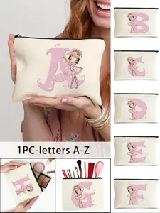 Letter Pattern Makeup Bag, Floral Lipstick Bag, Cosmetic Storage Bag, Zipper Makeup Organizer Pouch, Handheld Cosmetic Pouch, Versatile Storage Bag for Travel, Gym, Office, Home