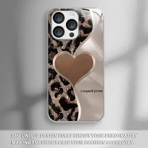 Creative High-end Heart Leopard Print Splicing Pattern Electroplated Phone Case Suitable for iPhone 17/17Pro/17ProMax/17Air, 16/16Pro/16ProMax/16Plus, 15/15Plus/15Pro/15ProMax, 14/14Plus/14Pro/14ProMax, 13/13Pro/13ProMax, 12/12Pro/12ProMax, 11/11Pro/11Pro