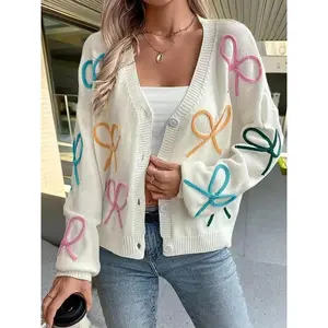 Sweet Temperament Three-dimensional Flower Loose Long Sleeve Sweater Autumn Winter Colorful Bow V Neck Sweater Cardigan Women Knit Cardigan