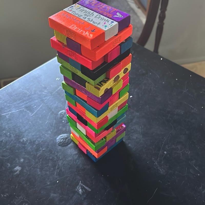 Hand-Painted Drinking Jenga Game – Colorful Party Edition