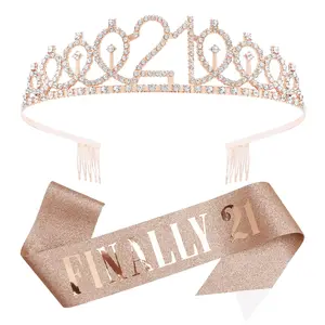 21st Birthday Crowns and Sashes for Women, Birthday Sash Princess Tiara Headband Elegant Rose Gold Crown with Combs for Girls Crystal Tiaras Birthday Headpieces for Hair Accessories Gifts