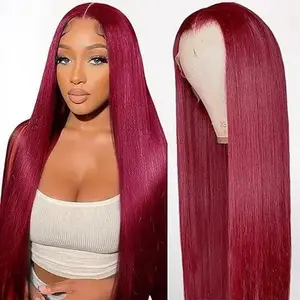 30 Inch Straight Synthetic Smooth Wig 13x6 HD Transparent Lace Frontal Wig for Women and Girls Gorgeous Fluffy Wigs without Bangs Long Straight Wigs for Party Daily Use 99j Burgundy 200% Density