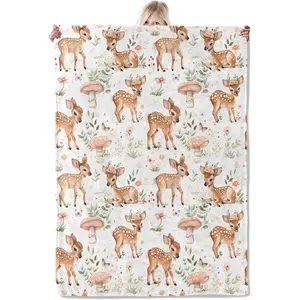 Cute Deer Blanket,Forest Fawn and Mushroom Print Lightweight Flannel Throw with Woodland on White Background,Spring Rustic Farmhouse Home Decor,Gifts for Girls,Women