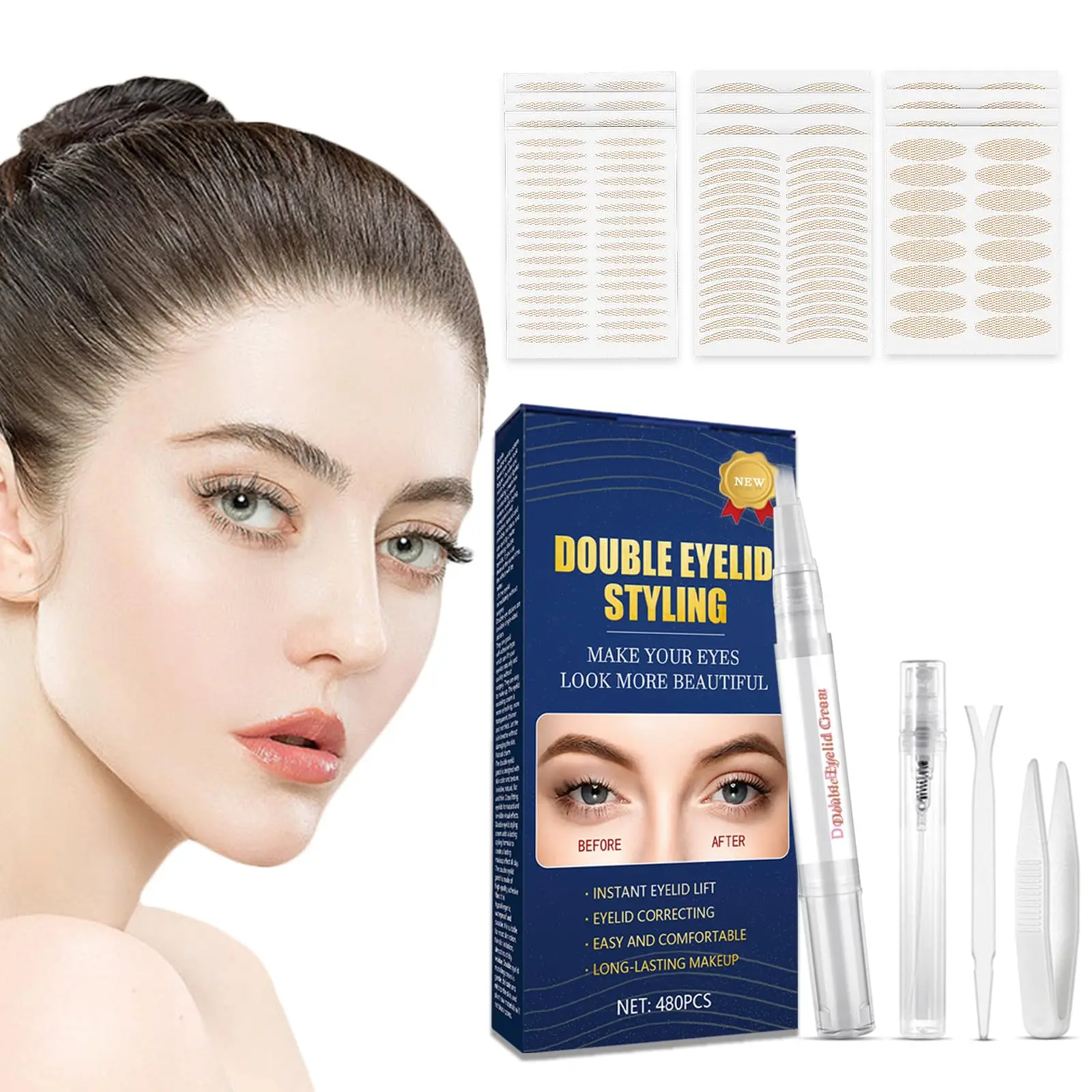 Eyelid Tape for Hooded Eyes Invisible, 480count Eyelid Lifter Strips, Waterproof Double Eyelid Strips,Instant Eyelid Lift for Heavy Saggy, Uneven,Hooded, Mono-eyelids, with Fork Rods and Tweezers