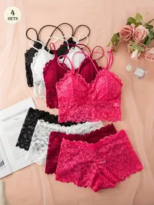 HICLOTH Women's Lace Bra Set of Four with Matching Panties Soft Comfortable Lightweight Bras with Double Straps Elastane Fit Womenswear Everyday